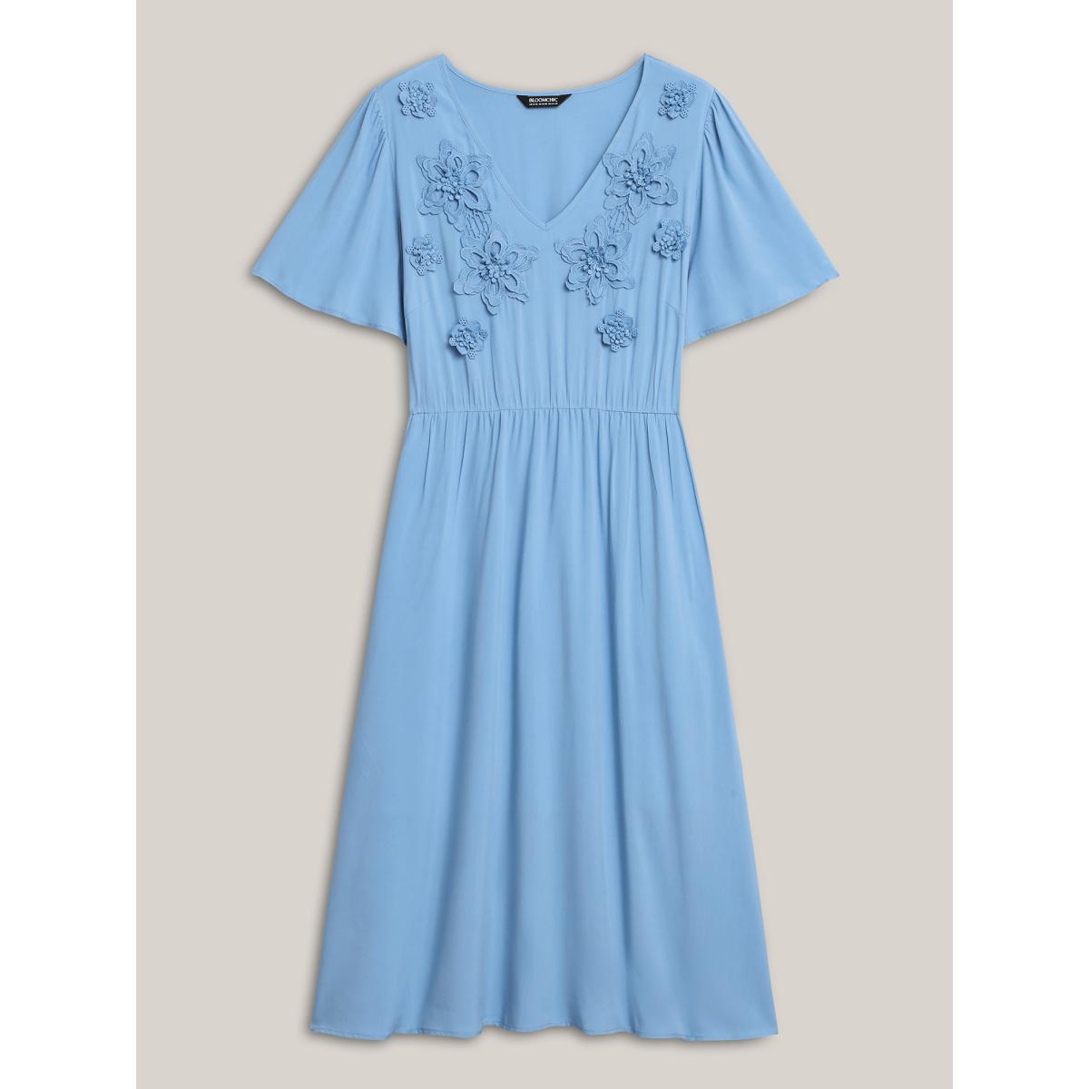Plus Size Rayon Floral Detail Cinched-Waist Midi Dress Skyblue Women V-neck Short sleeve Curvy BloomChic 14-16/1X Product Image