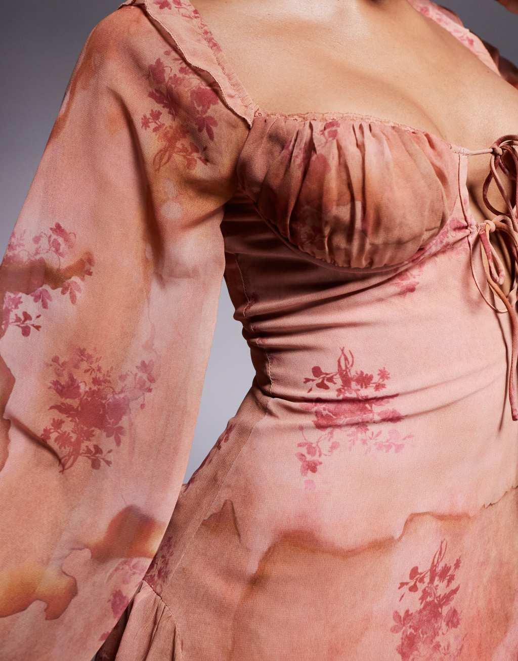 Love Triangle milkmaid mini dress with tie detail in apricot floral Product Image