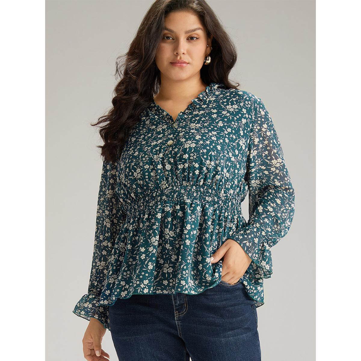 Plus Size Aegean Ditsy Floral Chiffon Shirred Ruffles Frill Trim Blouse Women Elegant Long Sleeve V-neck Dailywear Blouses BloomChic 18-20/2X Product Image
