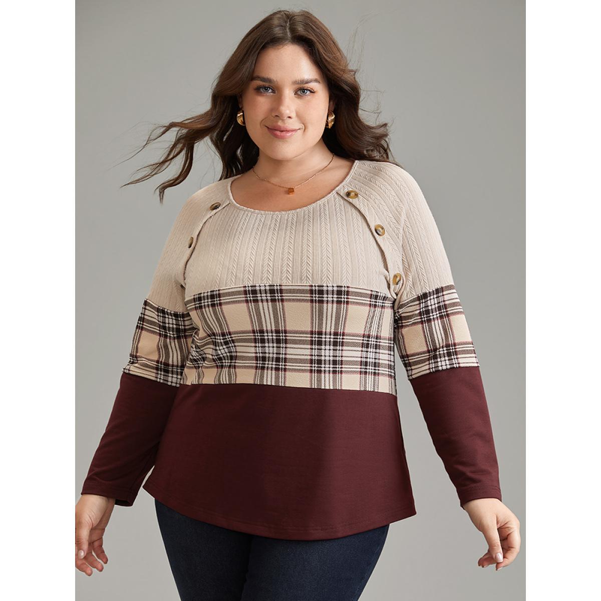 Plus Size Colorblock Contrast Button Detail Plaid Sweatshirt Women Burgundy Elegant Contrast Round Neck Dailywear Sweatshirts BloomChic 28/5X Product Image