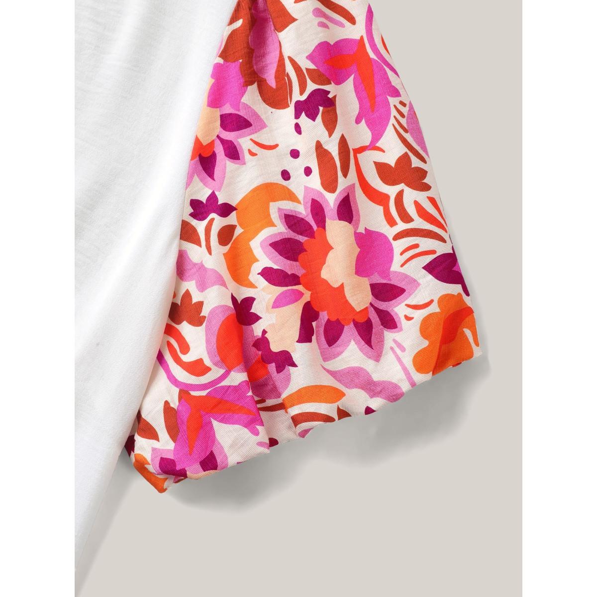 Plus Size Ivory Floral Bubble Sleeve High-Neck Blouse Women Short sleeve Mock Neck Everyday-Casual Blouses BloomChic 22-24/3X Product Image