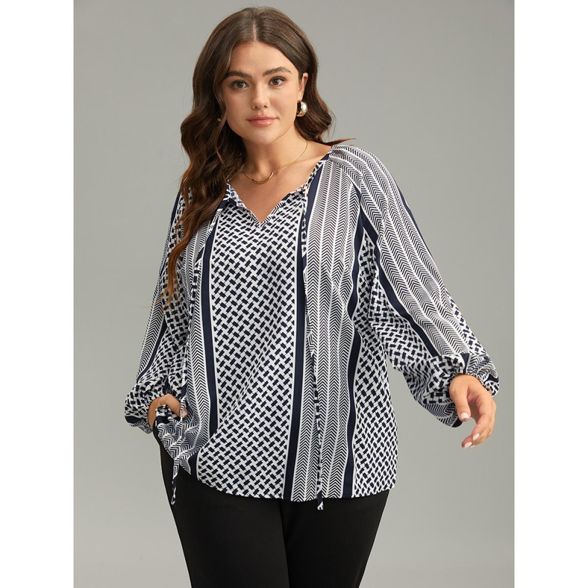 Plus Size Indigo Geo Striped Tie Lantern Sleeve Blouse Women Resort Long Sleeve Tie Neck Vacation Blouses BloomChic 22-24/3X Product Image