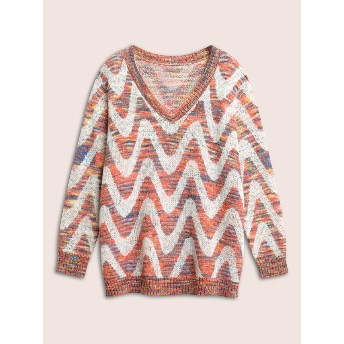 Plus Size Asymmetrical Heather Wave Elastic Cuffs Pullover Rust Women Casual Long Sleeve V-neck Everyday Pullovers BloomChic 18-20/2X Product Image