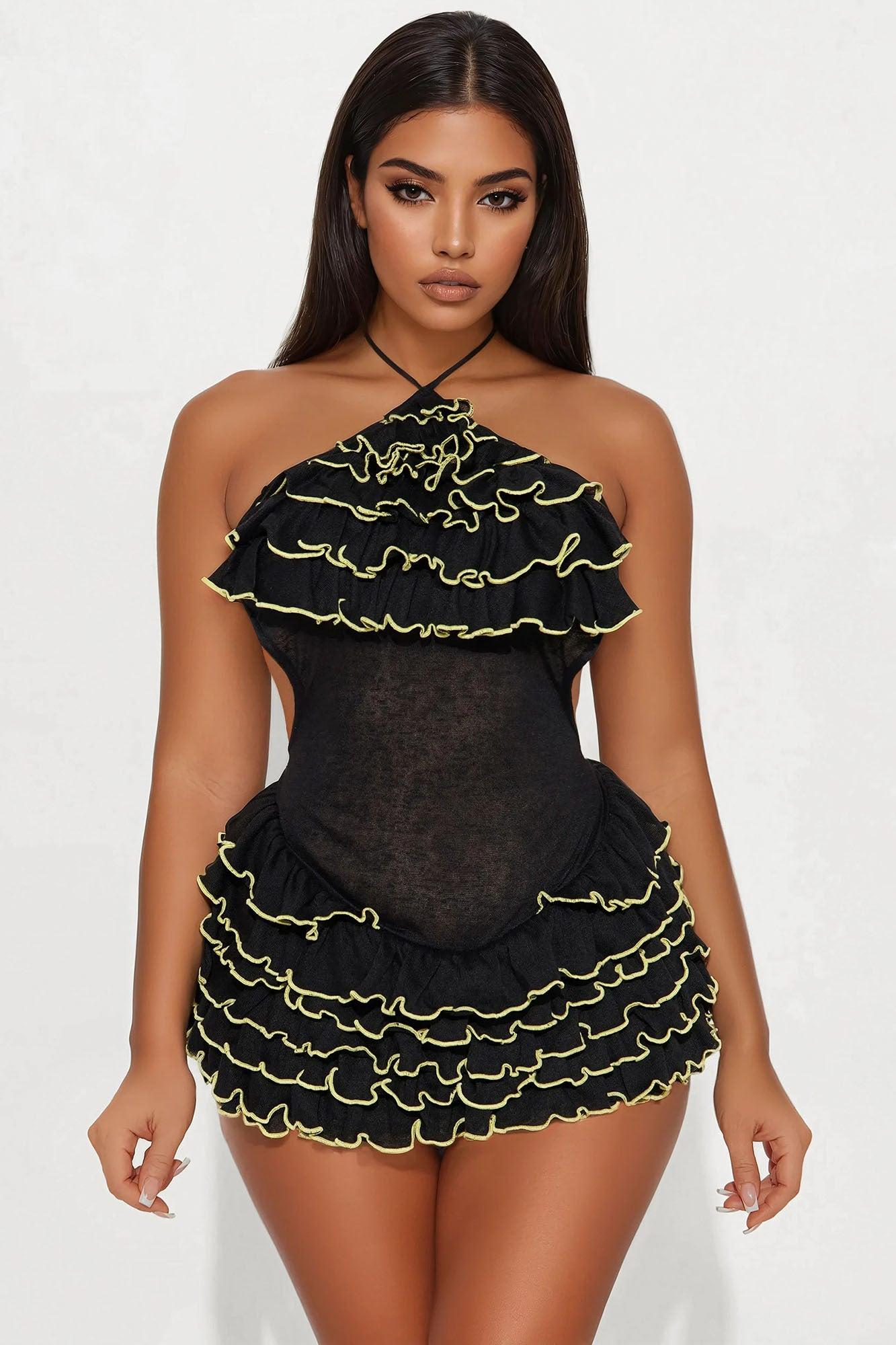 Mimi Ruffle Micro Mini Dress - Black Product Image
