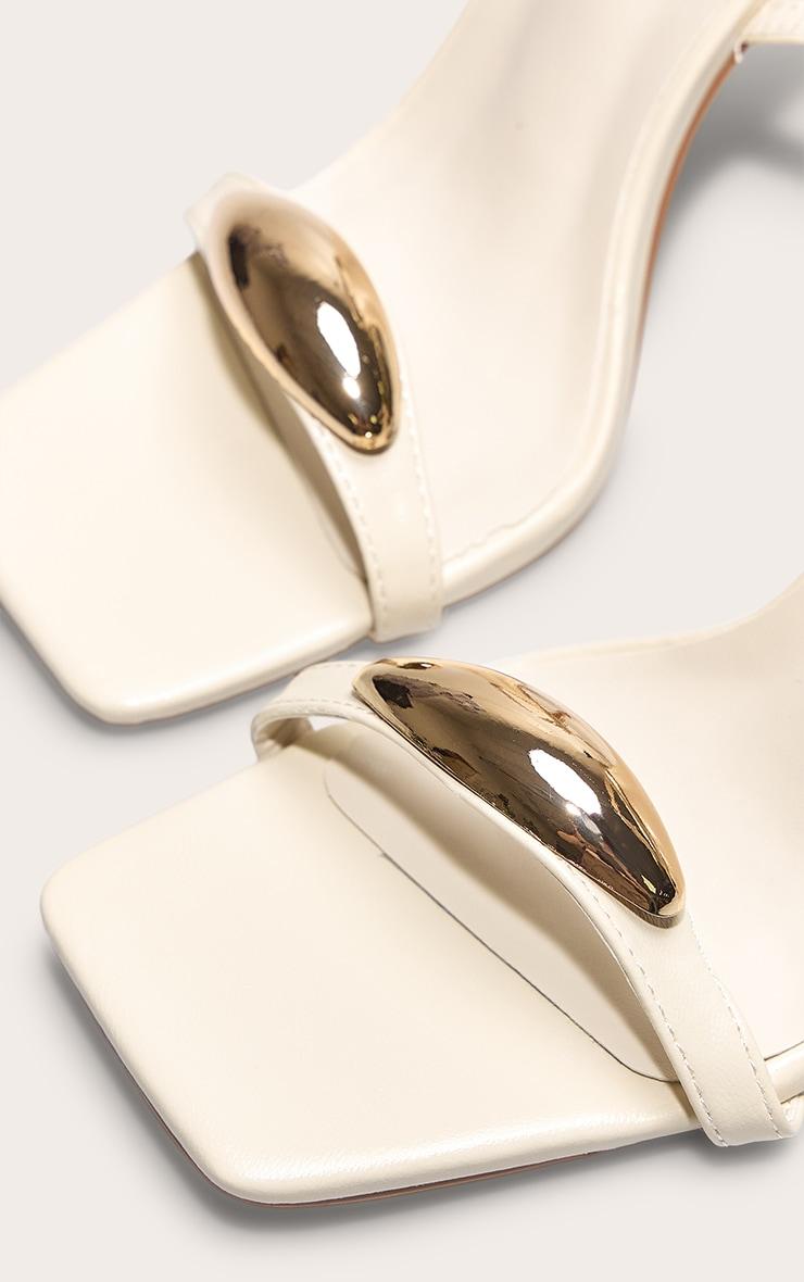 Cream Pu Square Toe Metal Trim High Stiletto Heeled Sandals Product Image