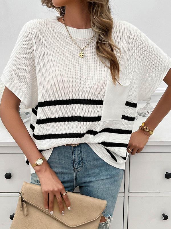 Half Sleeves Loose Pockets Striped Round-neck Knitwear Sweater Tops Product Image