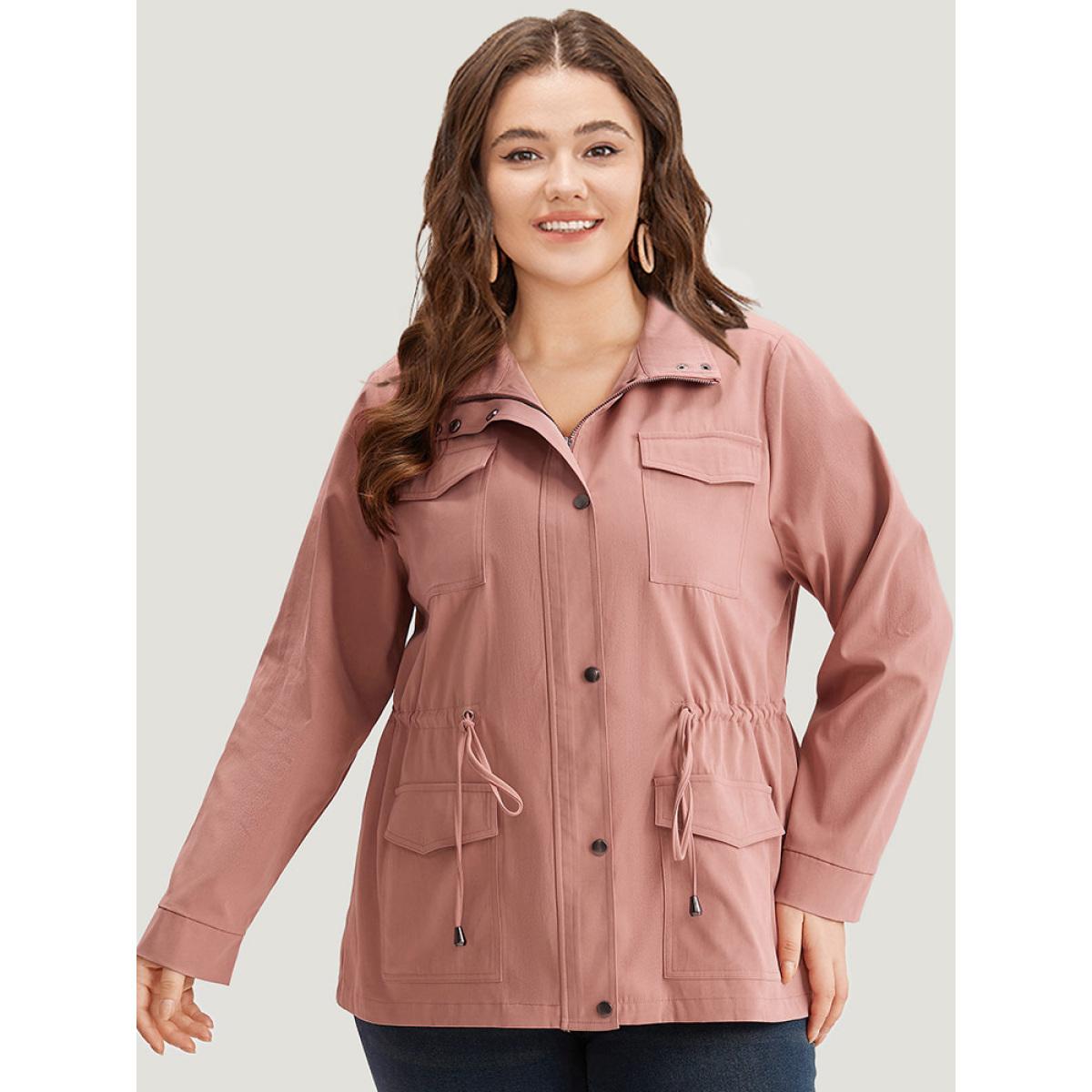 Plus Size Plain Pocket Button Through Drawstring Zipper Coat Women Rouge Plain Pocket Dailywear Jackets BloomChic 28/5X Product Image