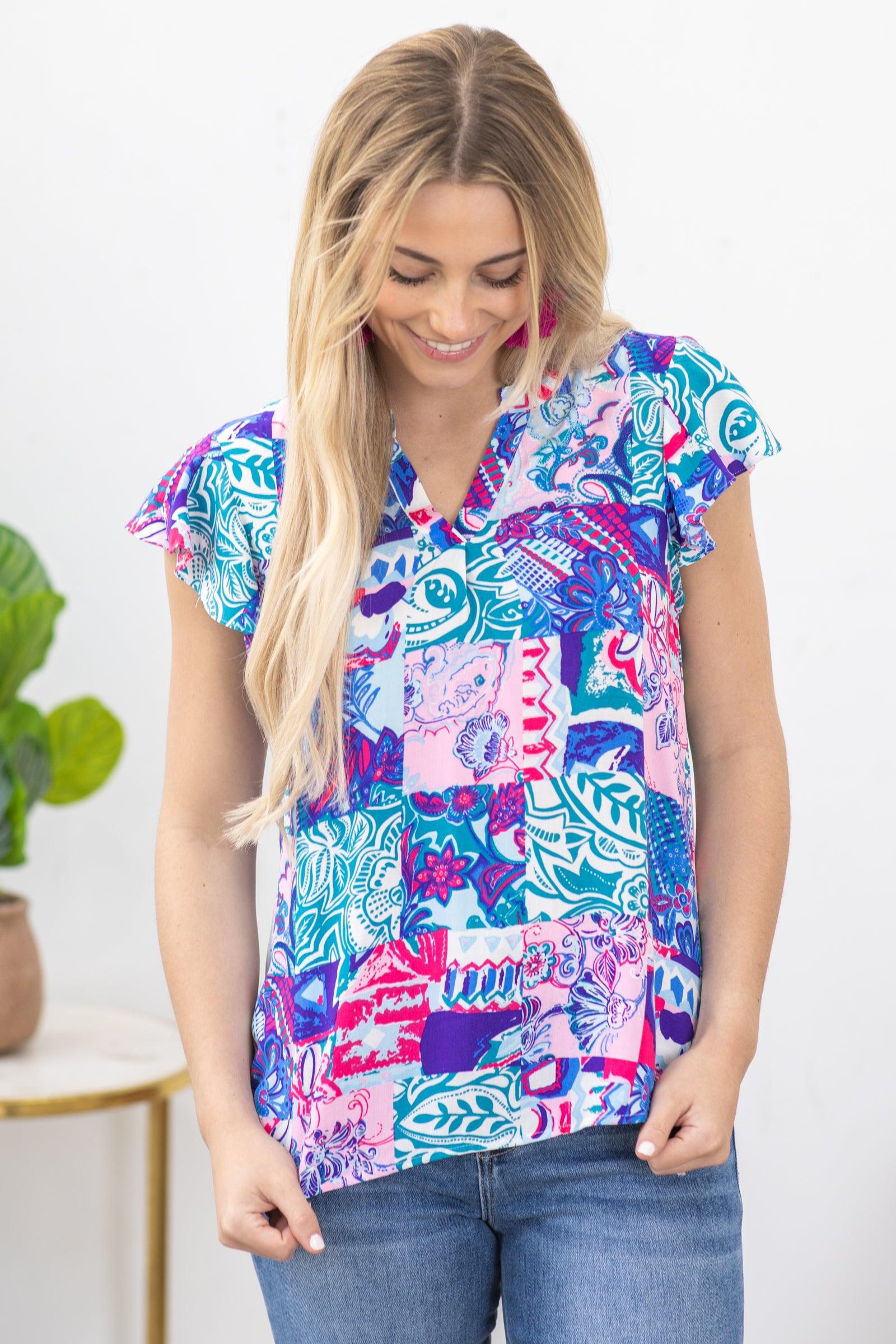 Cornflower And Teal Abstract Woven Top Product Image