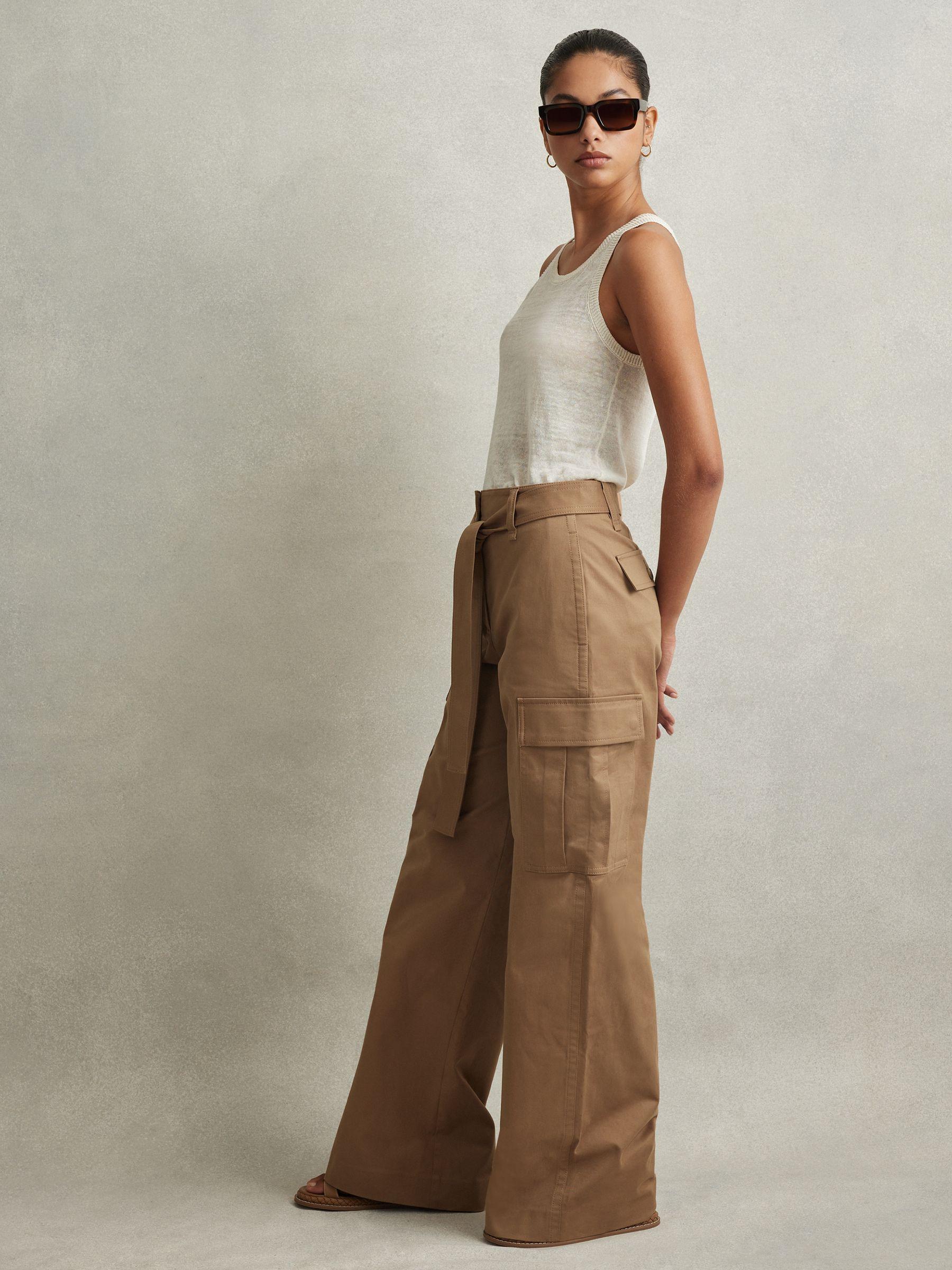 Cotton Blend Wide Leg Cargo Trousers in Camel Product Image