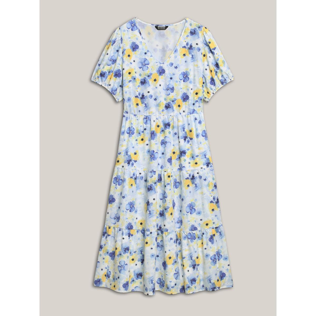 Plus Size Blooming Flowers Puff Sleeve Stretchy-Waist Dress LightBlue Women Elegant Non V-neck Short sleeve Curvy BloomChic 14-16/1X Product Image