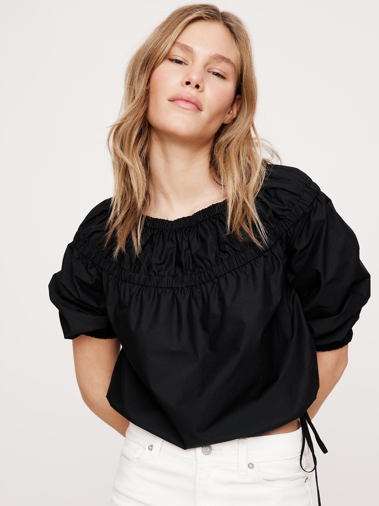 Cotton Poplin Ruched Bubble-Hem Top Product Image