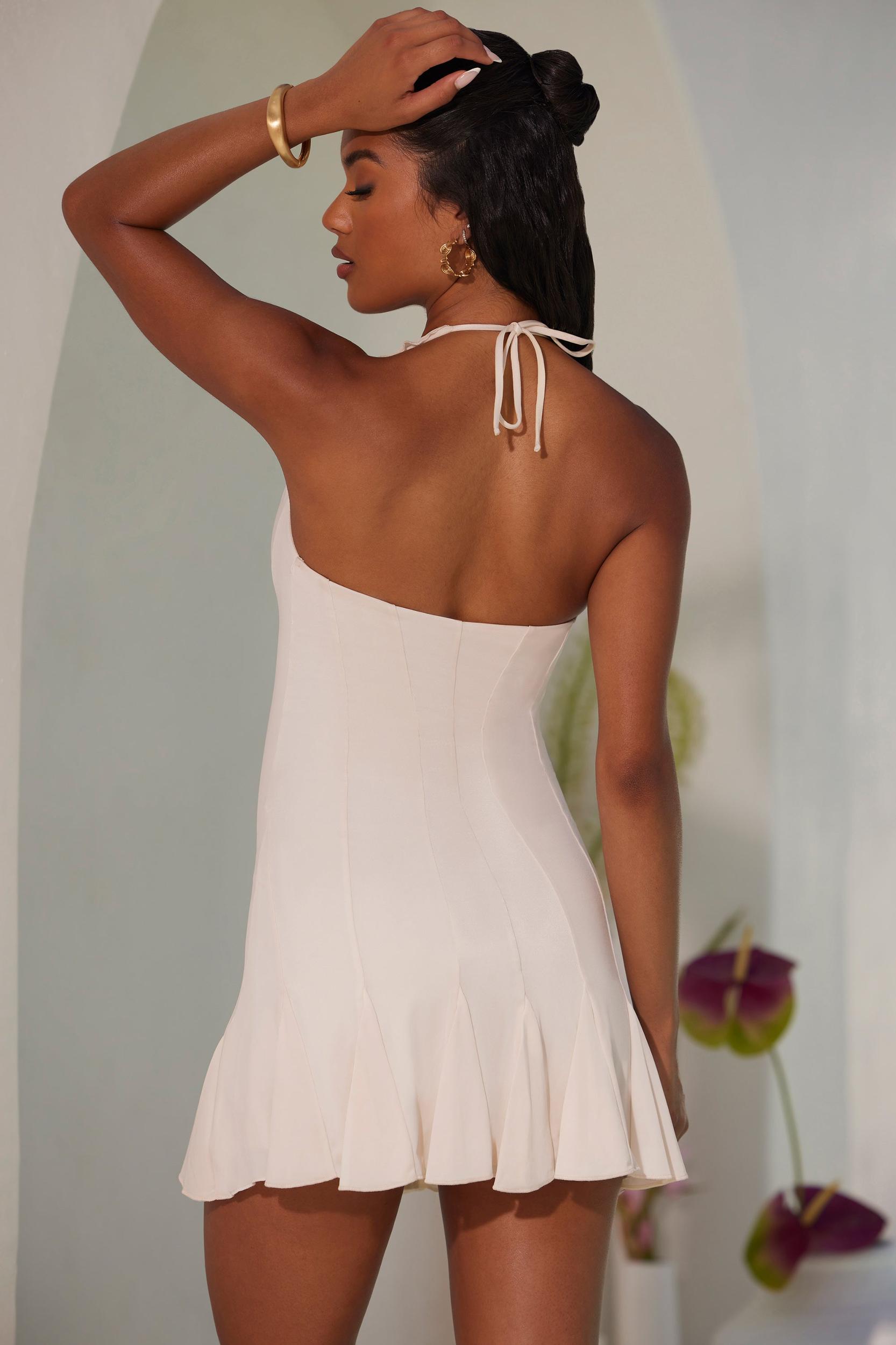 Halter Neck Ruffle A-Line Mini Dress in Ivory Product Image