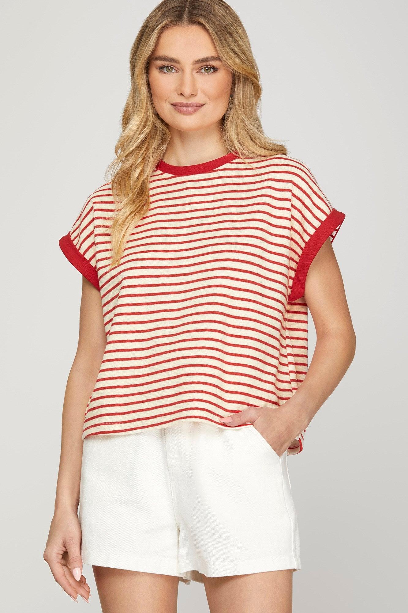 SHORT SLEEVE CONTRAST RIB STRIPED KNIT TOP Product Image