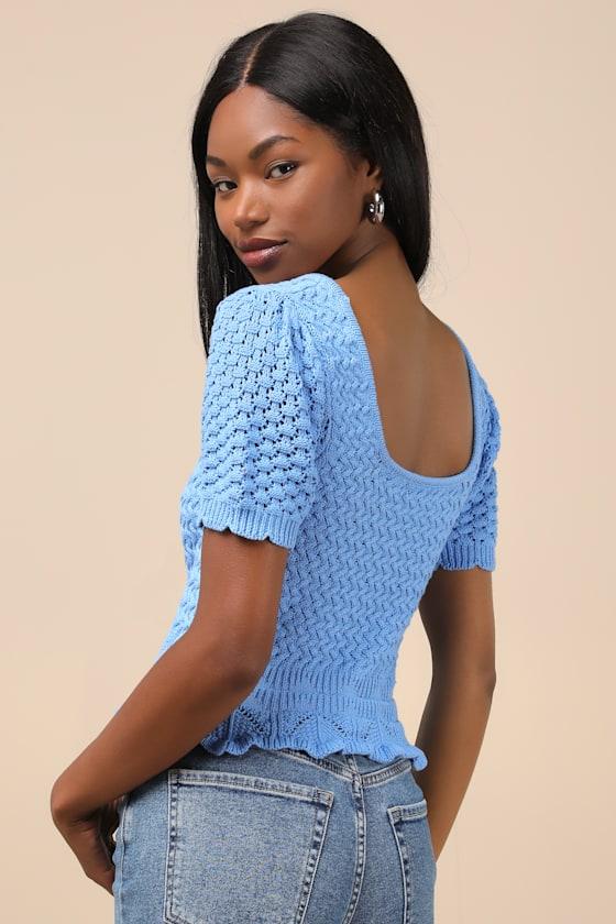 Lucky Cutie Blue Crochet Short Sleeve Sweater Top Product Image