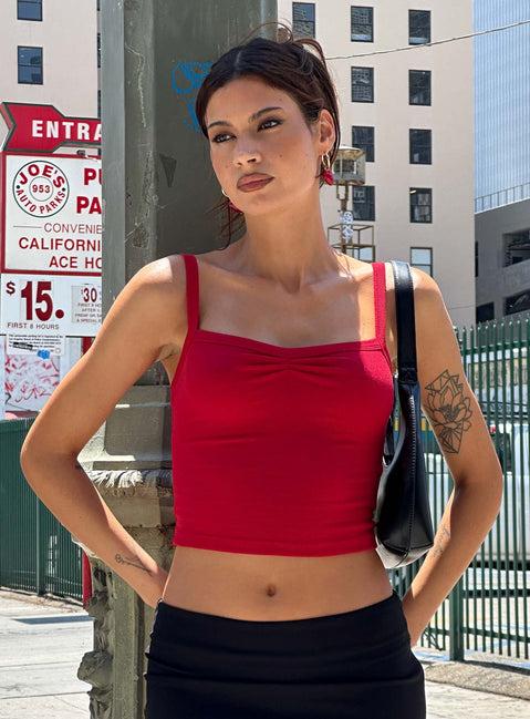 Essentials Ruched Rib Cami Top Red Product Image