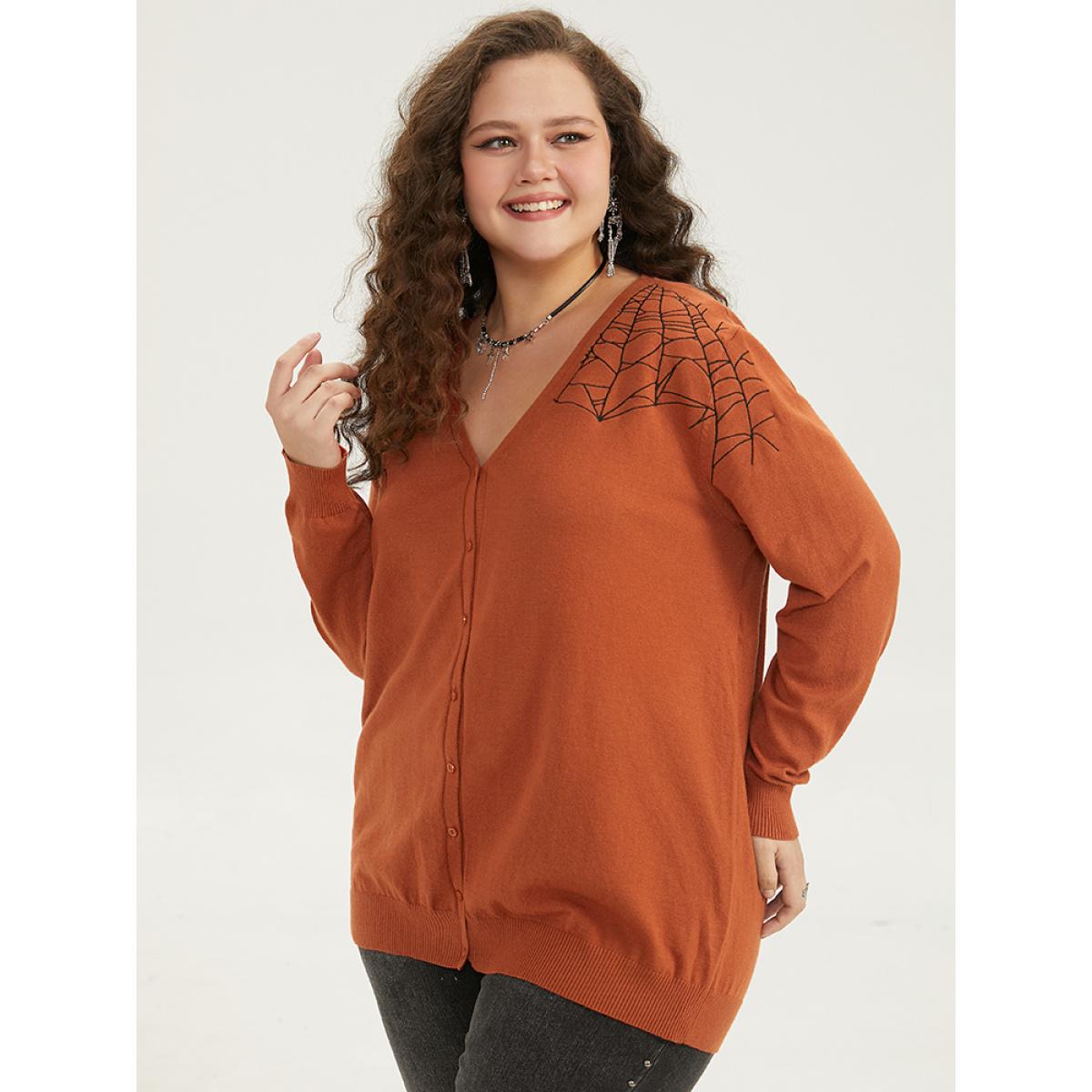 Plus Size Supersoft Essentials Halloween Spider Web Button Through Cardigan Rust Women Leisure Loose Long Sleeve Casual Cardigans BloomChic 18-20/2X Product Image