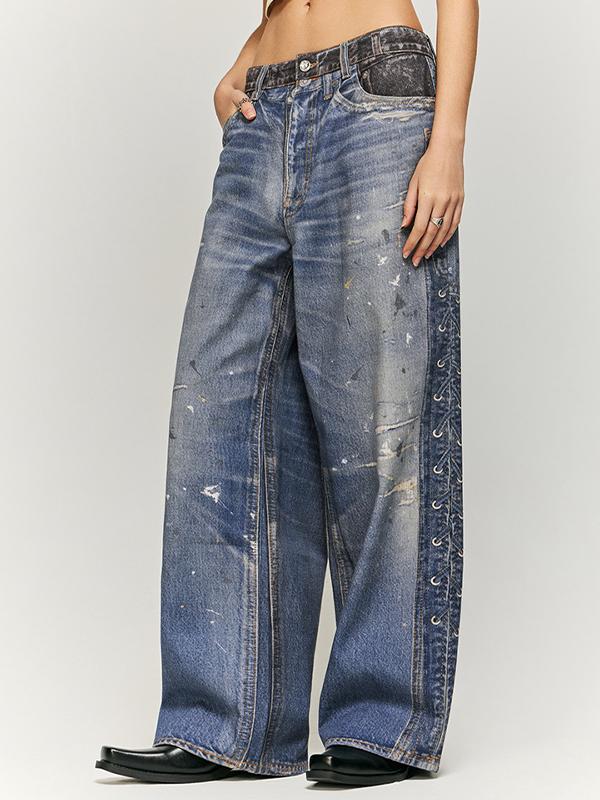 Printed Jeans With Spliced Waist Side Straps Product Image