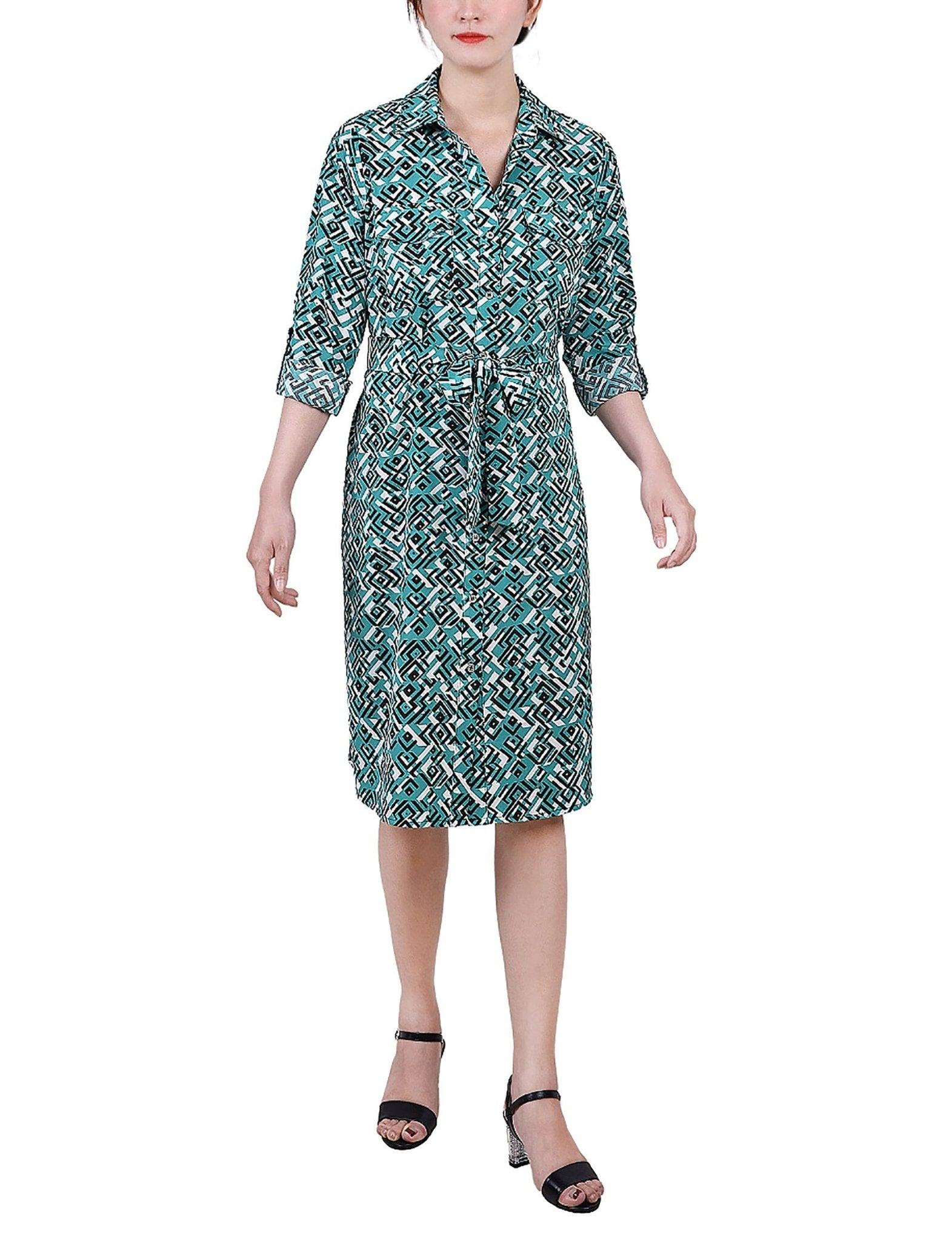 Green Diatribe 3/4 Roll Tab Sleeve Belted Shirtdress - Petite Product Image