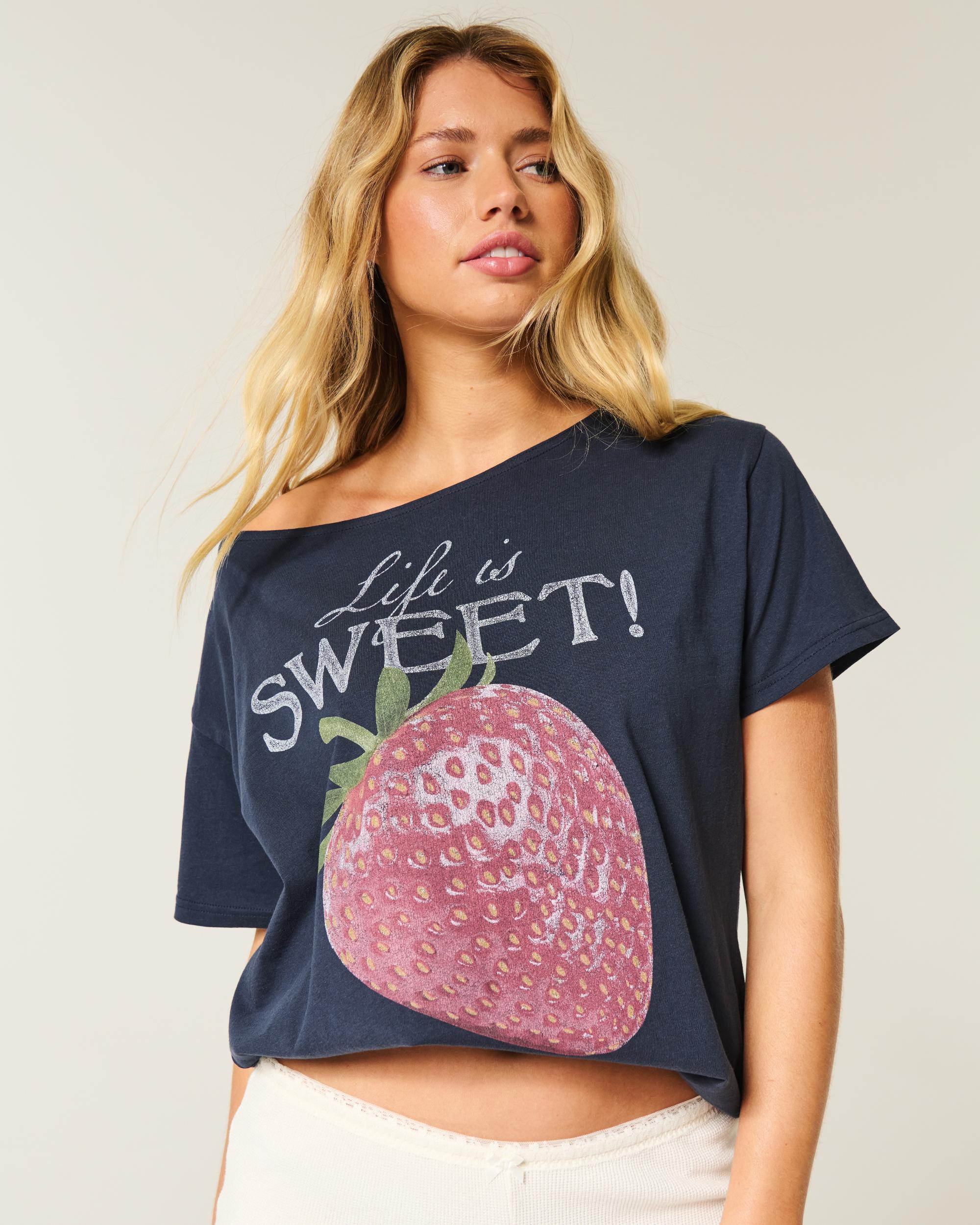 Oversized Off-the-Shoulder Strawberry Graphic Tee Product Image