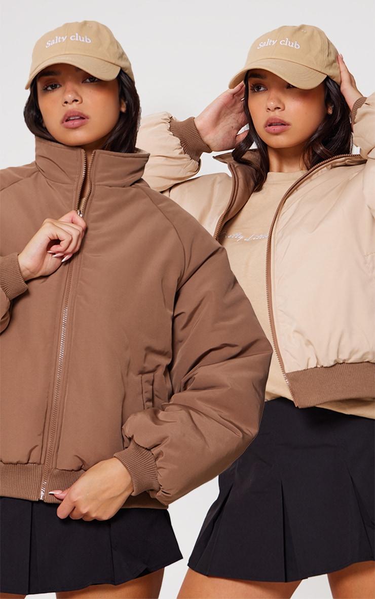  Taupe & Sand Reversible Bomber Puffer Jacket Product Image