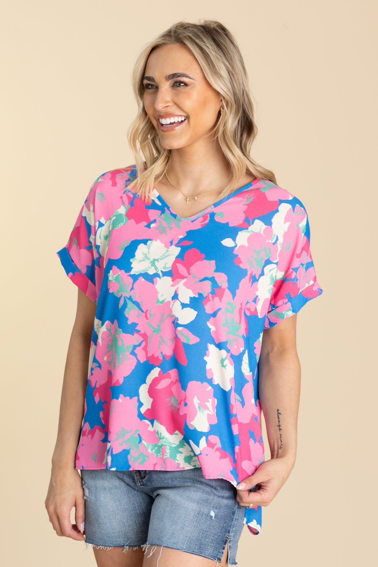 Blue and Pink Floral Print Woven Top Product Image