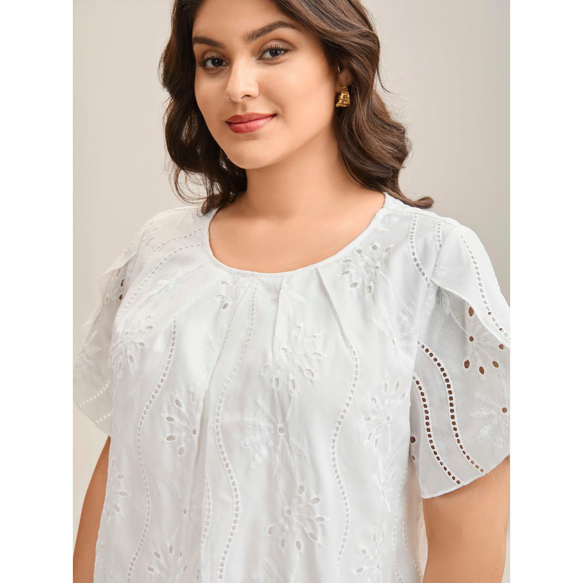 Plus Size WhiteSmoke Embroidered Eyelet Trim Pleated Shirt Women Short sleeve Round Neck Everyday-Elegant Blouses BloomChic 12/L Product Image