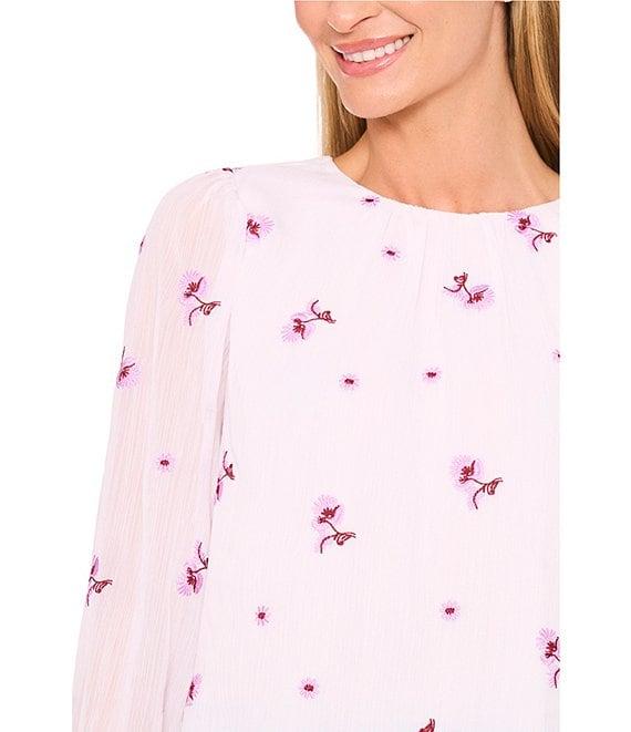 CeCe Woven Floral Print Round Neck Long Sleeve Smocked Cuff Blouse Product Image