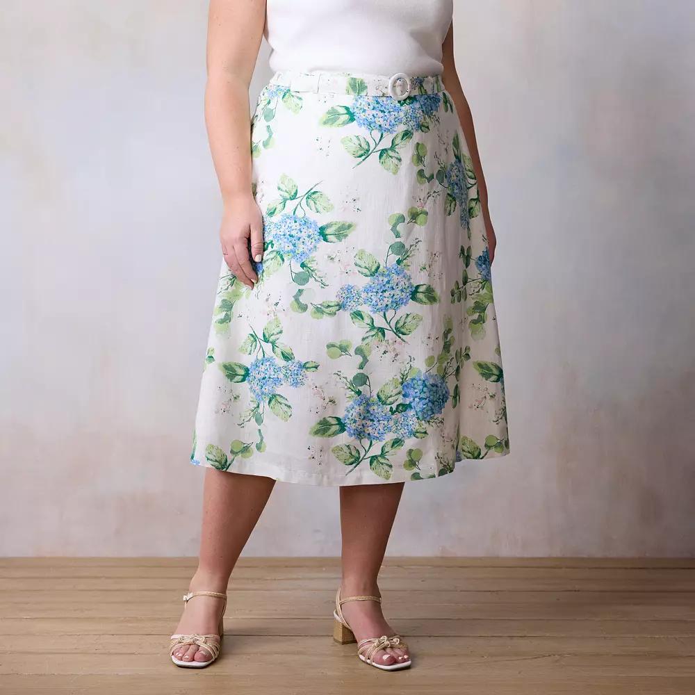 Plus Size LC Lauren Conrad Self Belt Midi Skirt With Buckle, Women's, Size: 1XL, White Cape Blooms Product Image