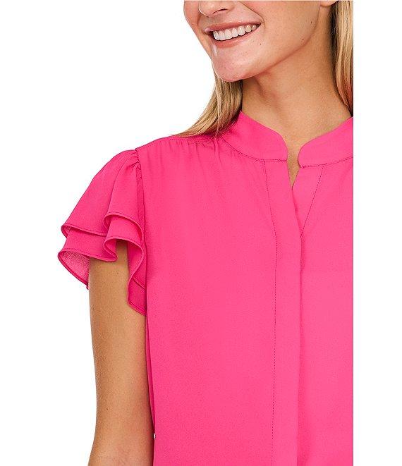 CeCe Woven Mandarin Collar Flutter Short Sleeve Blouse Product Image