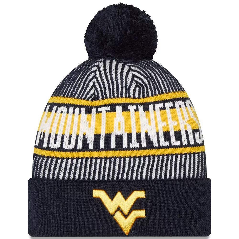 Men's New Era  Navy West Virginia Mountaineers Logo Striped Cuff Knit Hat with Pom, Blue Product Image
