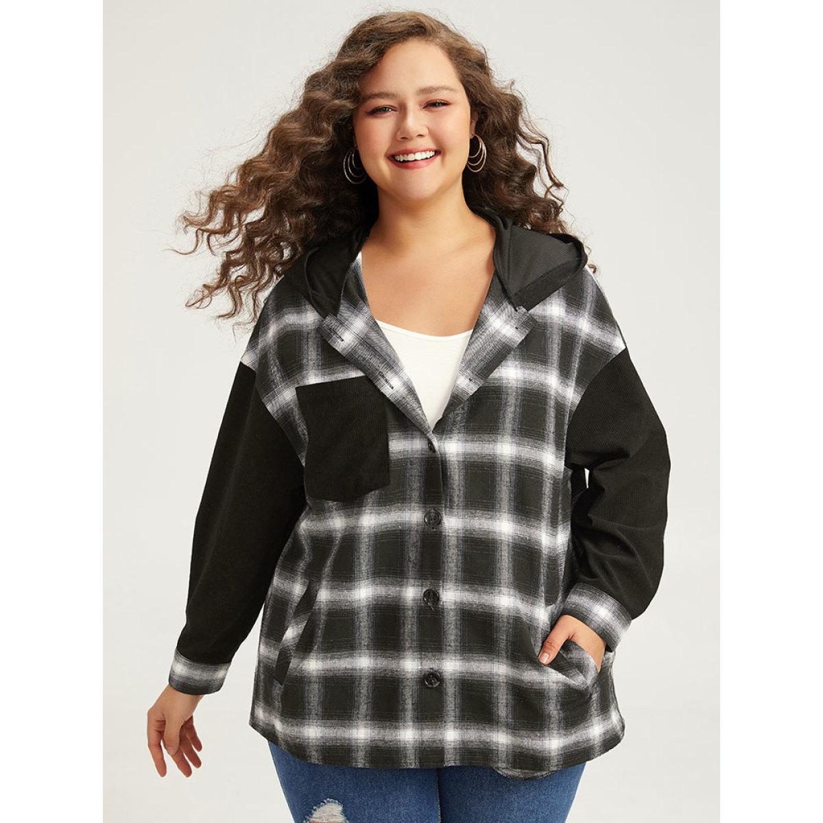 Plus Size Plaid Hooded Patched Pocket Button Up Patchwork Coat Women Black Contrast Pocket Dailywear Jackets BloomChic 18-20/2X Product Image