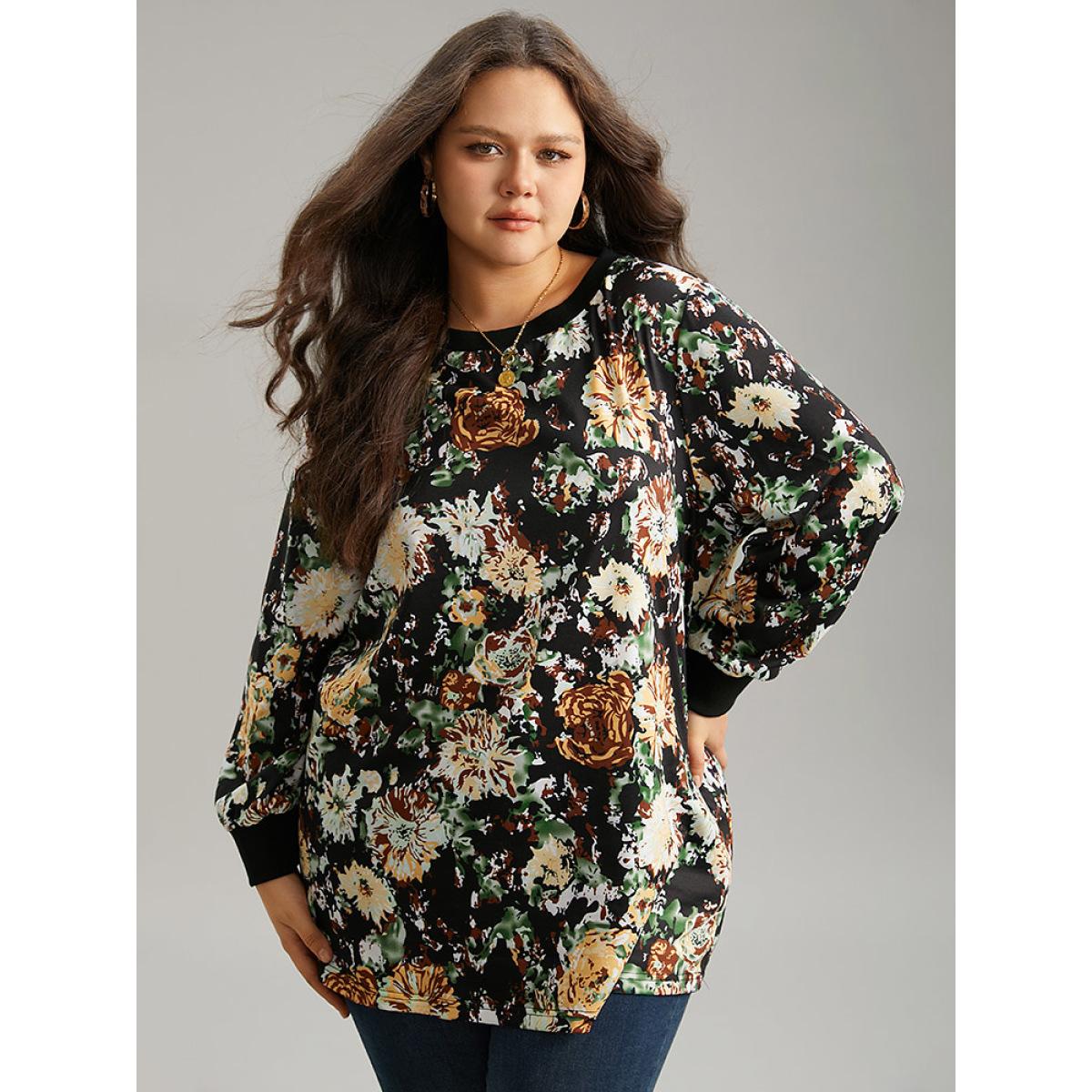 Plus Size Floral Print Elastic Cuffs Sweatshirt Women Black Elegant Printed Round Neck Dailywear Sweatshirts BloomChic 12/L Product Image