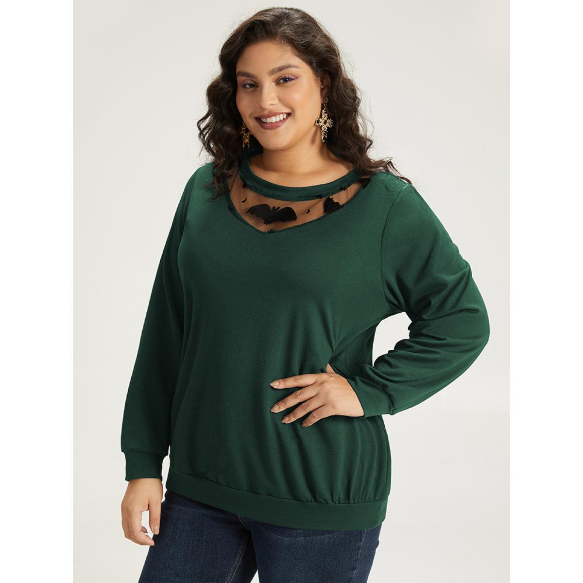 Plus Size Halloween Bat Print Mesh Patchwork Sweatshirt Women DarkGreen Elegant Elastic cuffs Round Neck Festival-Halloween Sweatshirts BloomChic 18-20/2X Product Image