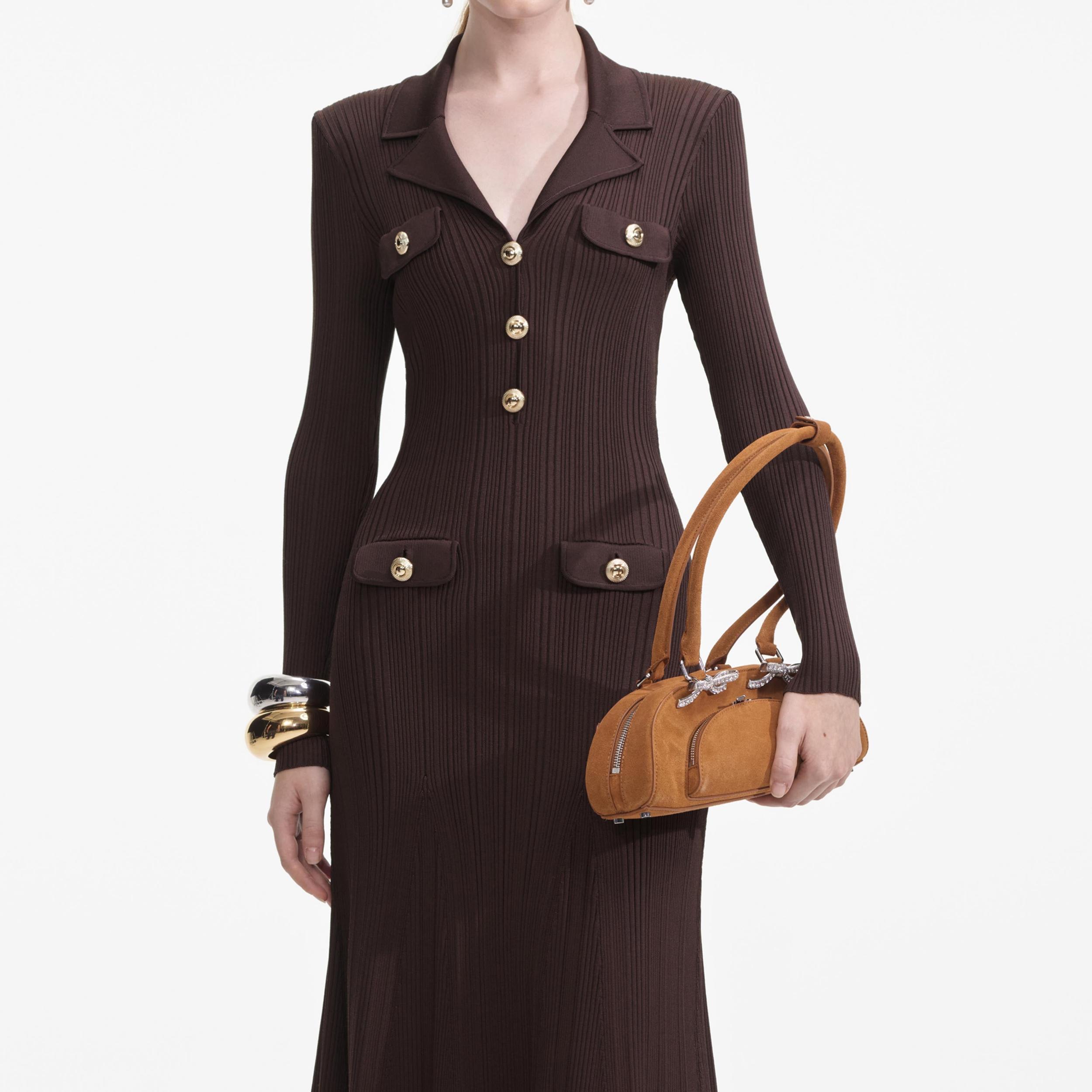 Brown Viscose Rib Knit Midi Dress Product Image
