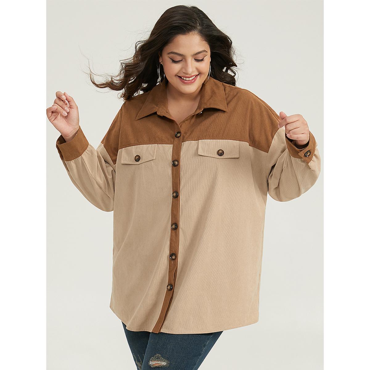 Plus Size Two Tone Button Through Patchwork Coat Women Tan Casual Contrast Ladies Dailywear Winter Coats BloomChic 14-16/1X Product Image