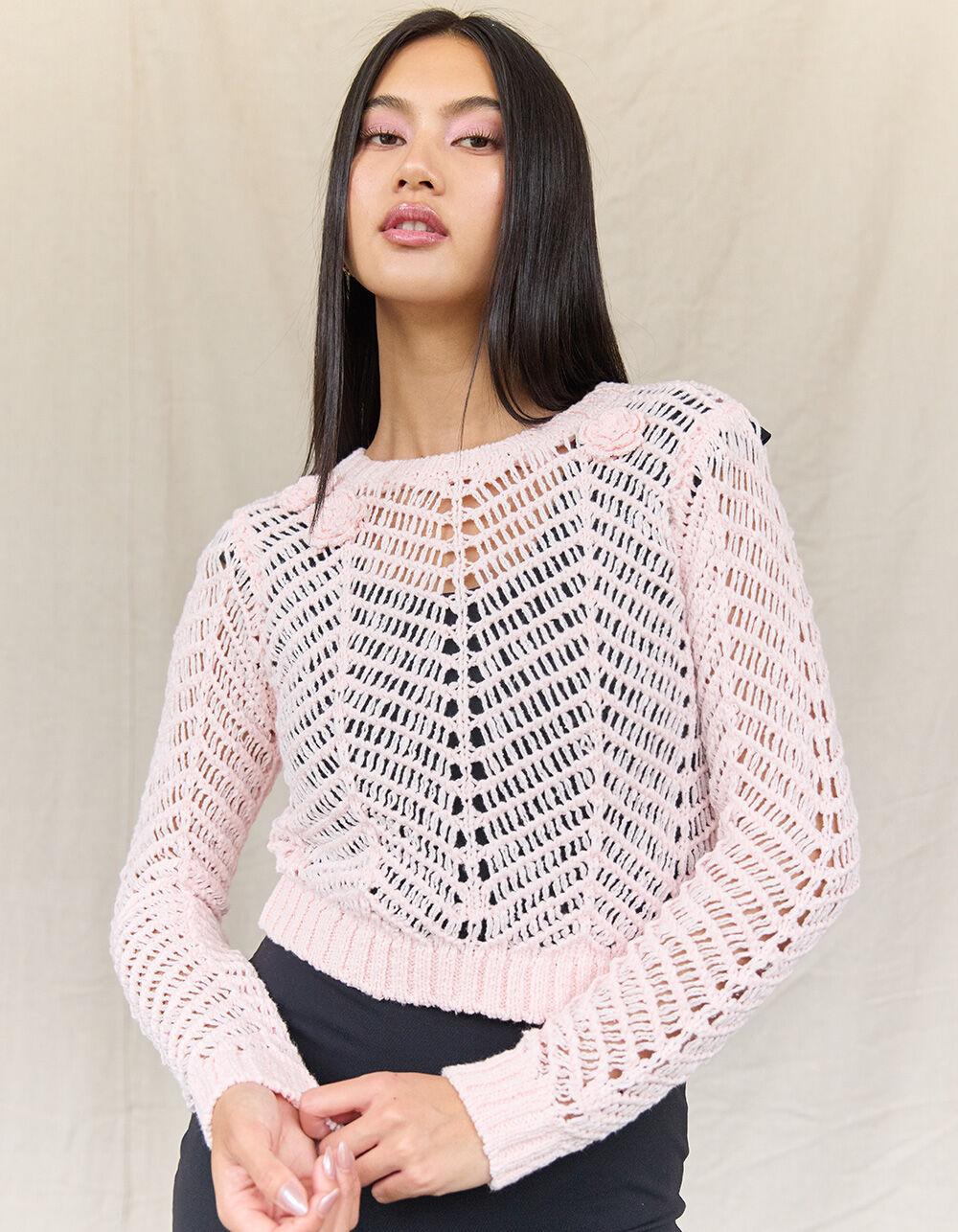 WEST OF MELROSE Rosette Open Knit Womens Sweater  - PINK Product Image