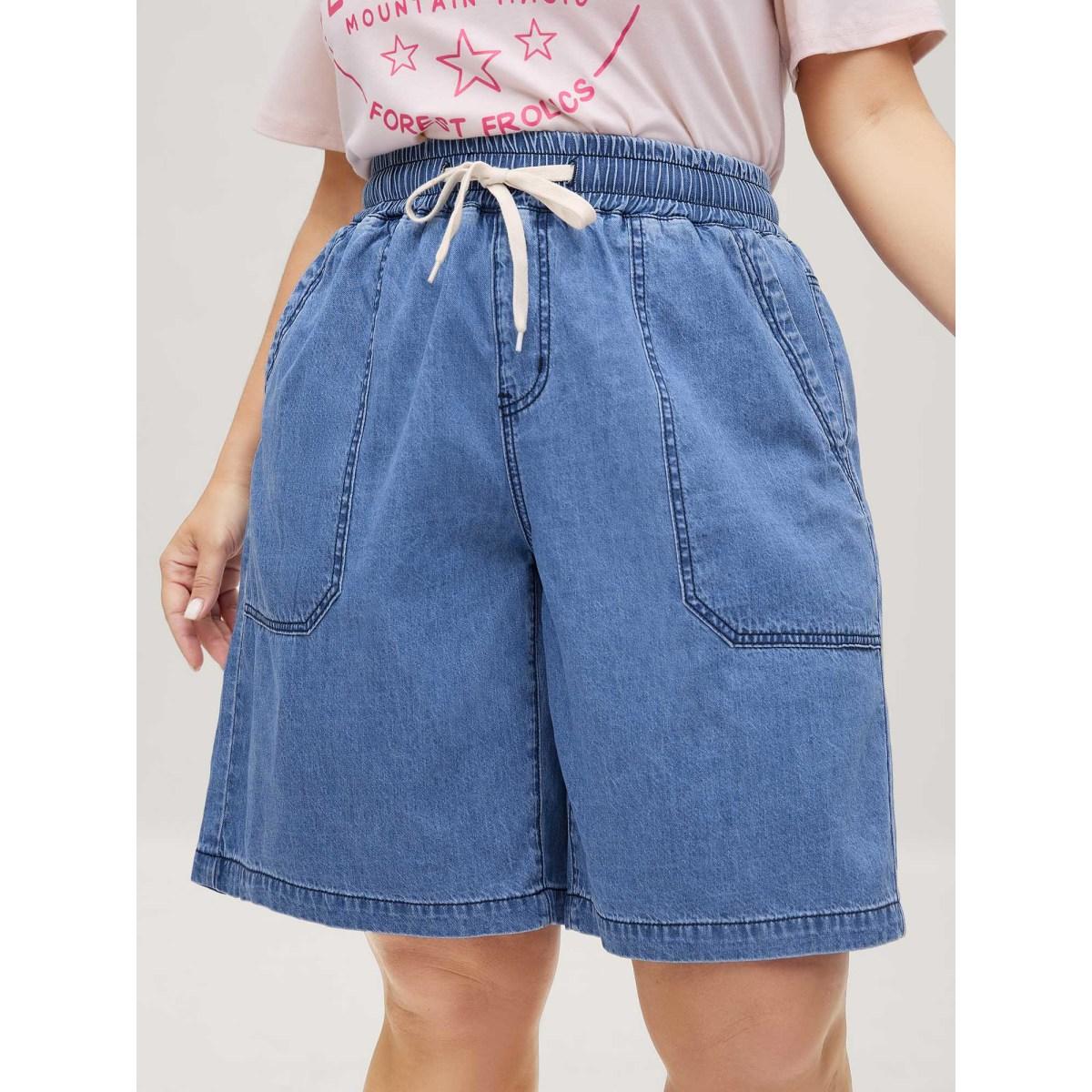 Plus Size Cotton Stretchy Waist Drawstrings Denim Shorts Women Midblue No stretch Casual Slanted pocket Leisure Denim Shorts BloomChic 20/2X Product Image