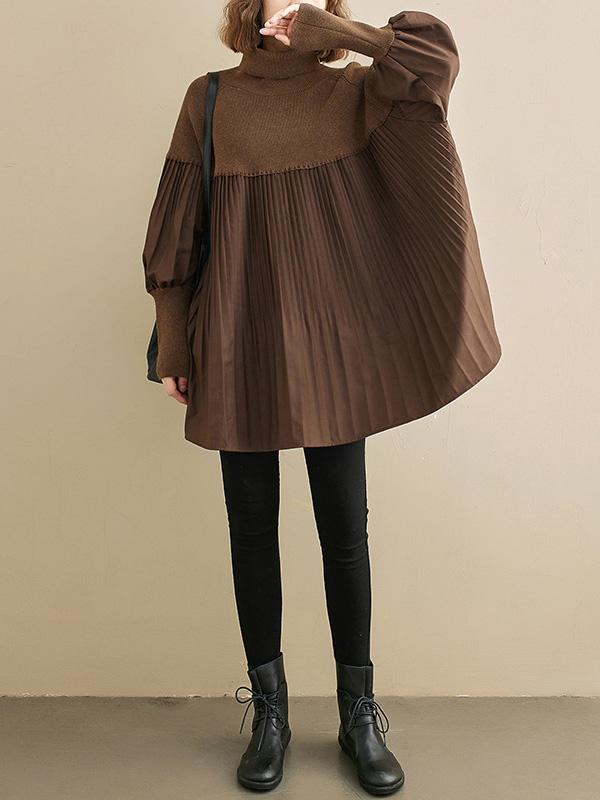 Knitting Pleats Split-Joint High-Neck Pullover Top Product Image