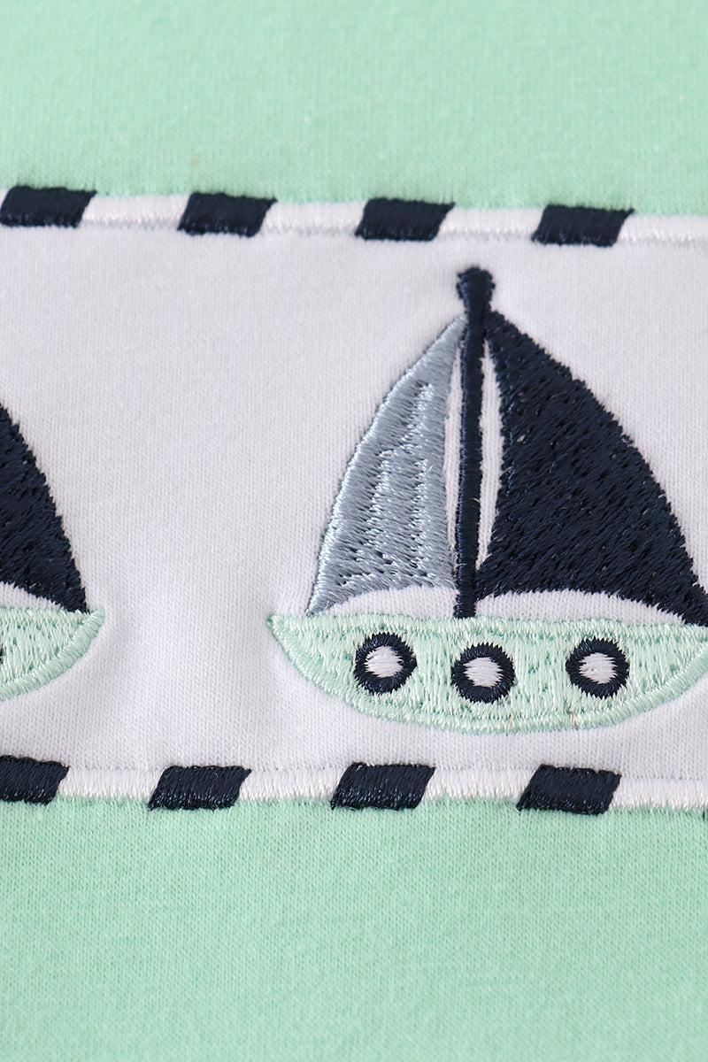 Green seersucker sailboat embroidery top Product Image