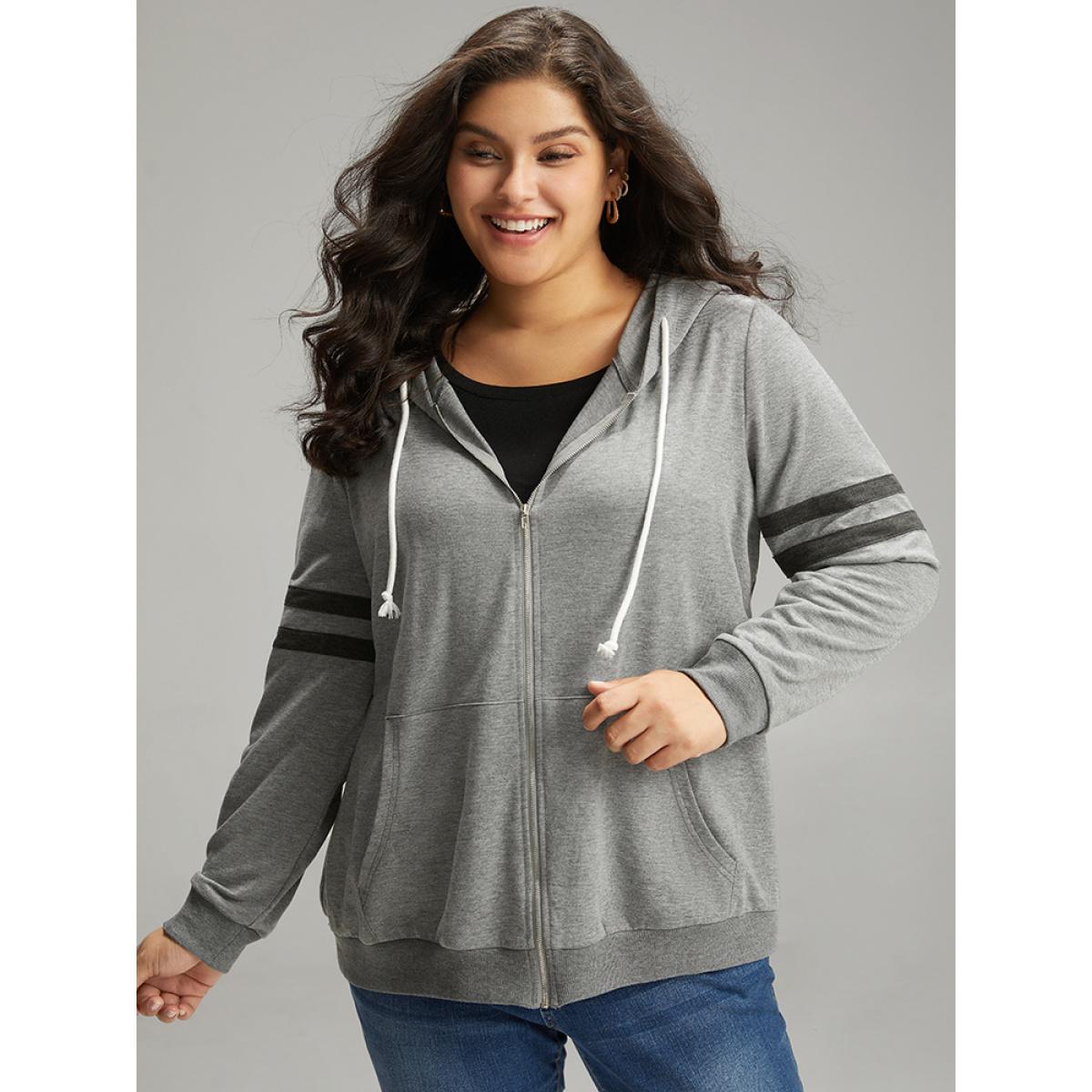 Plus Size Striped Hooded Pocket Zipper Fly Sweatshirt Women Gray Casual Elastic cuffs Hooded Dailywear Sweatshirts BloomChic 28/5X Product Image