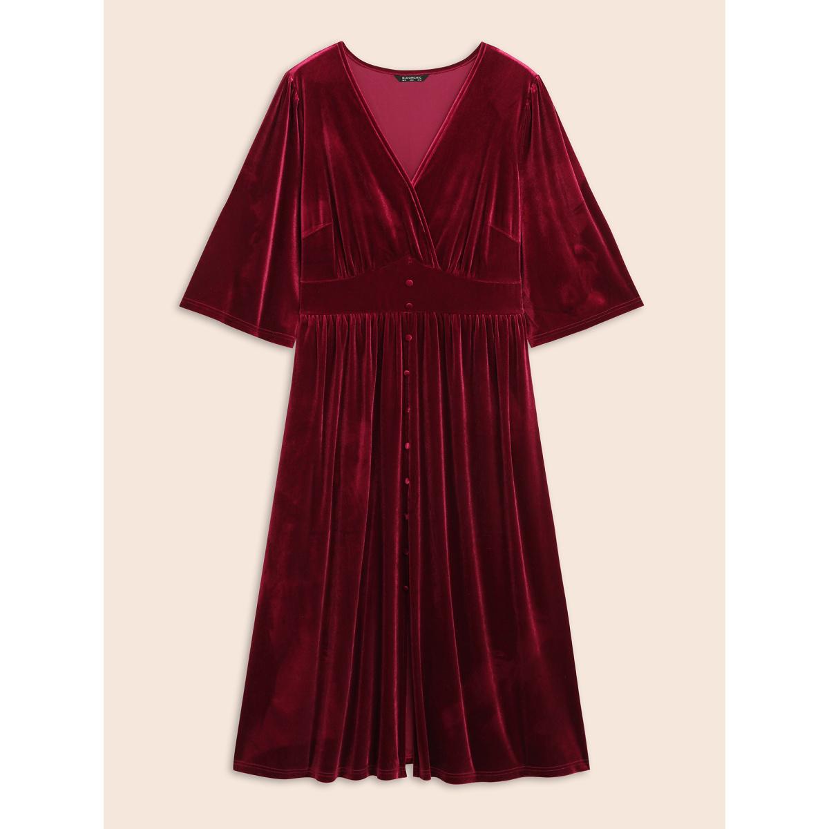 Plus Size Velvet Ruched Surplice Neckline Midi Dress Burgundy Women Formal Texture Party Curvy Bloomchic 14-16/1X Product Image