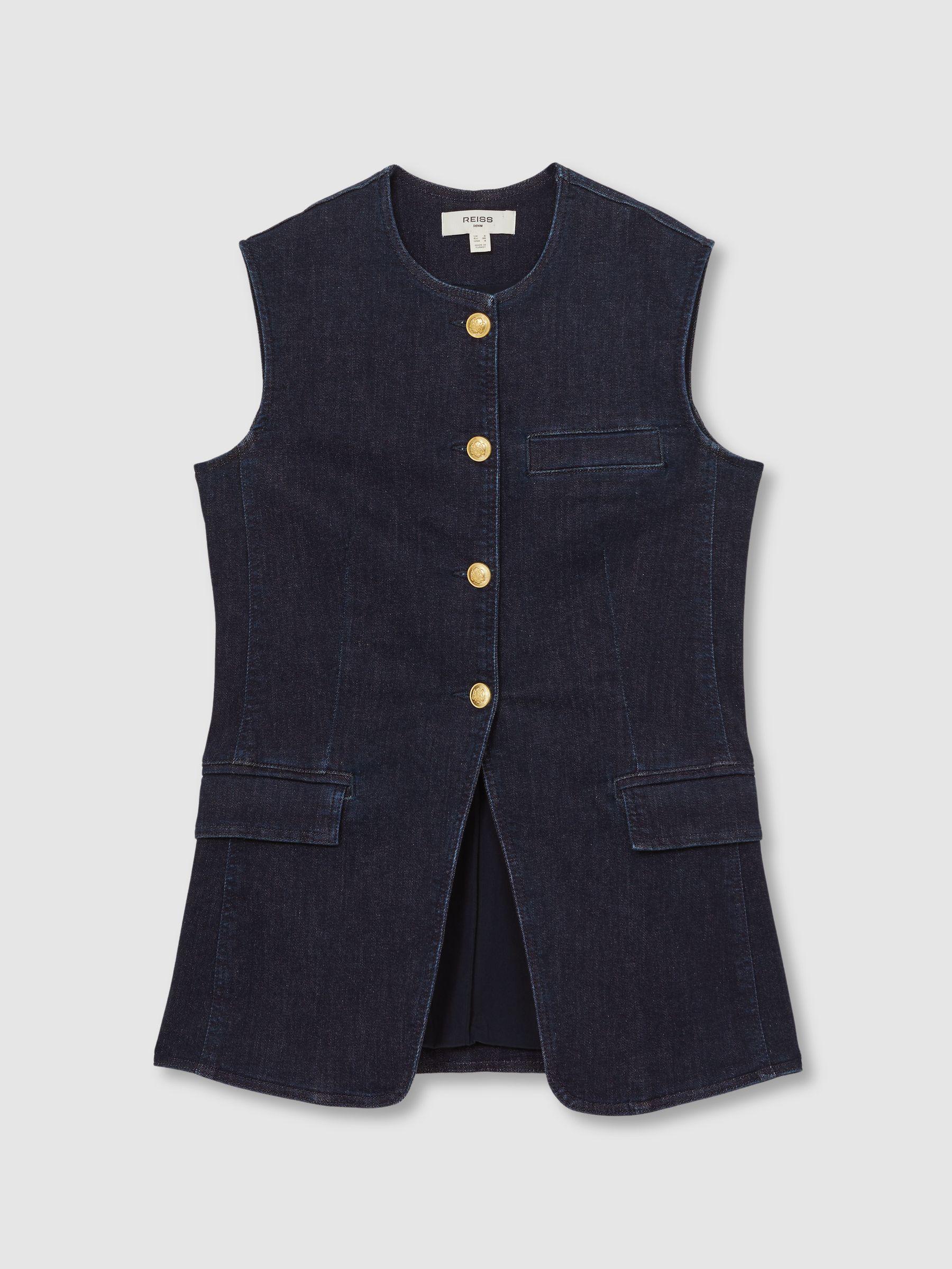 Denim Long-Line Waistcoat in Dark Blue Product Image