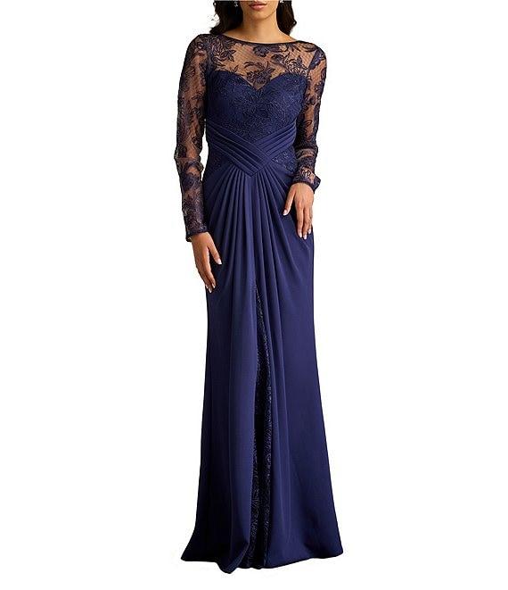 Tadashi Shoji Illusion Lace Long Sleeve Twist Front Crepe Aline Gown Product Image