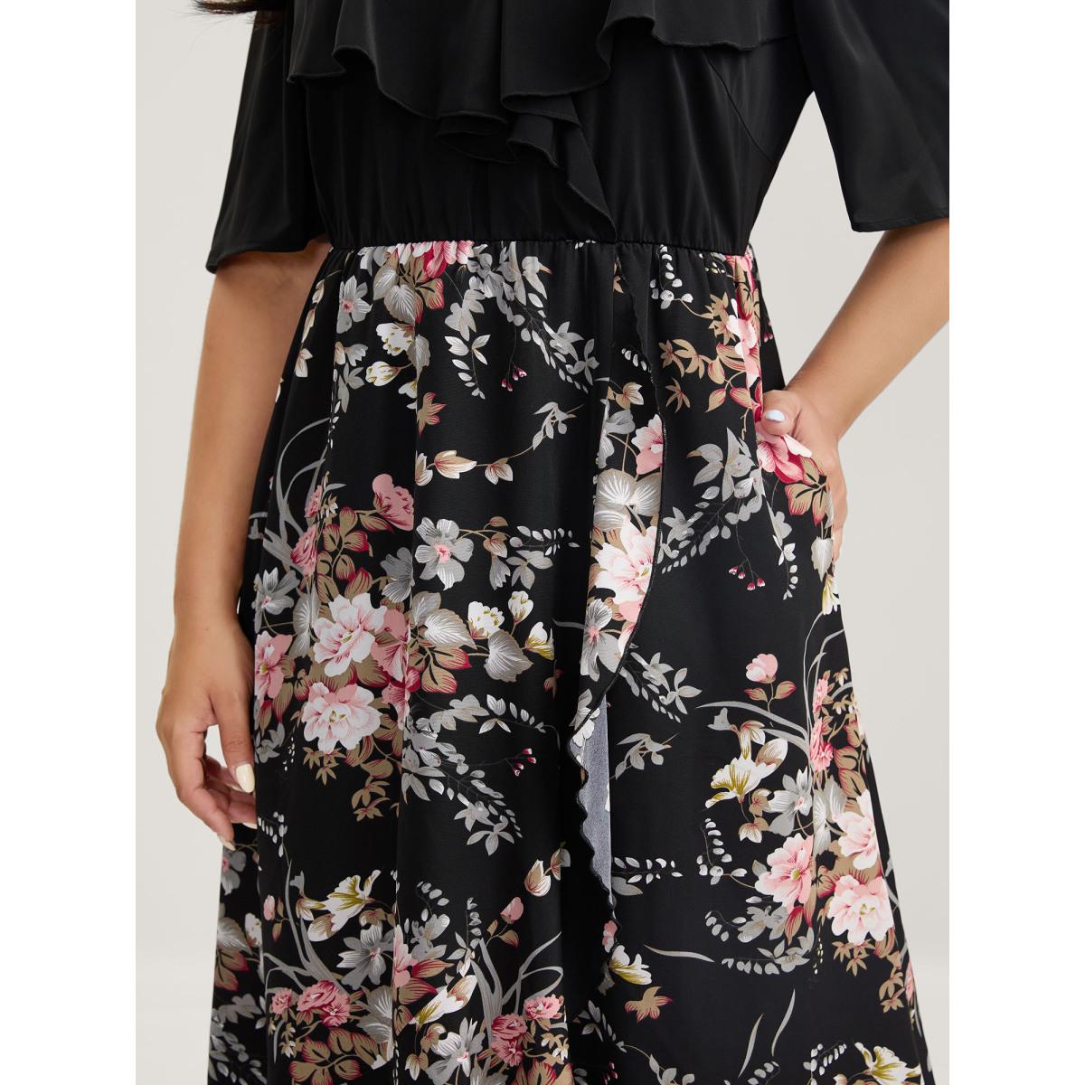 Plus Size Floral Print Overlap Hem Ruffled Midi Dress Black Women Romantic One-shoulder neck Short sleeve Curvy BloomChic 26/4X Product Image