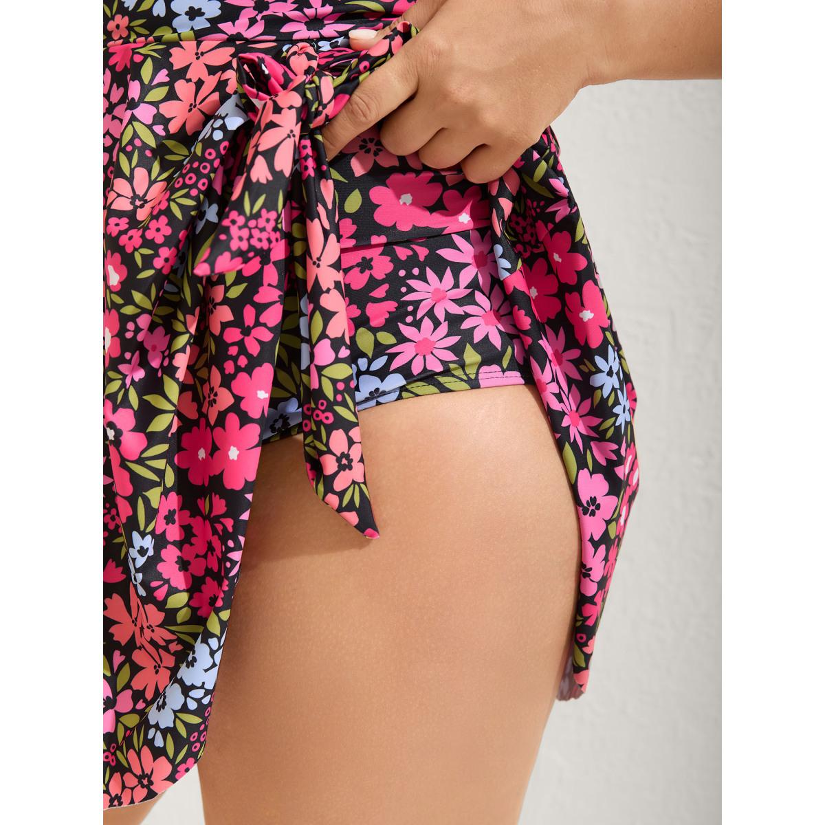 Plus Size Knotted Blooming Floral Print Swim Dress Women's Swimwear Black Resort Bodycon V-neck High stretch Curve Swim Dresses BloomChic 12/L Product Image