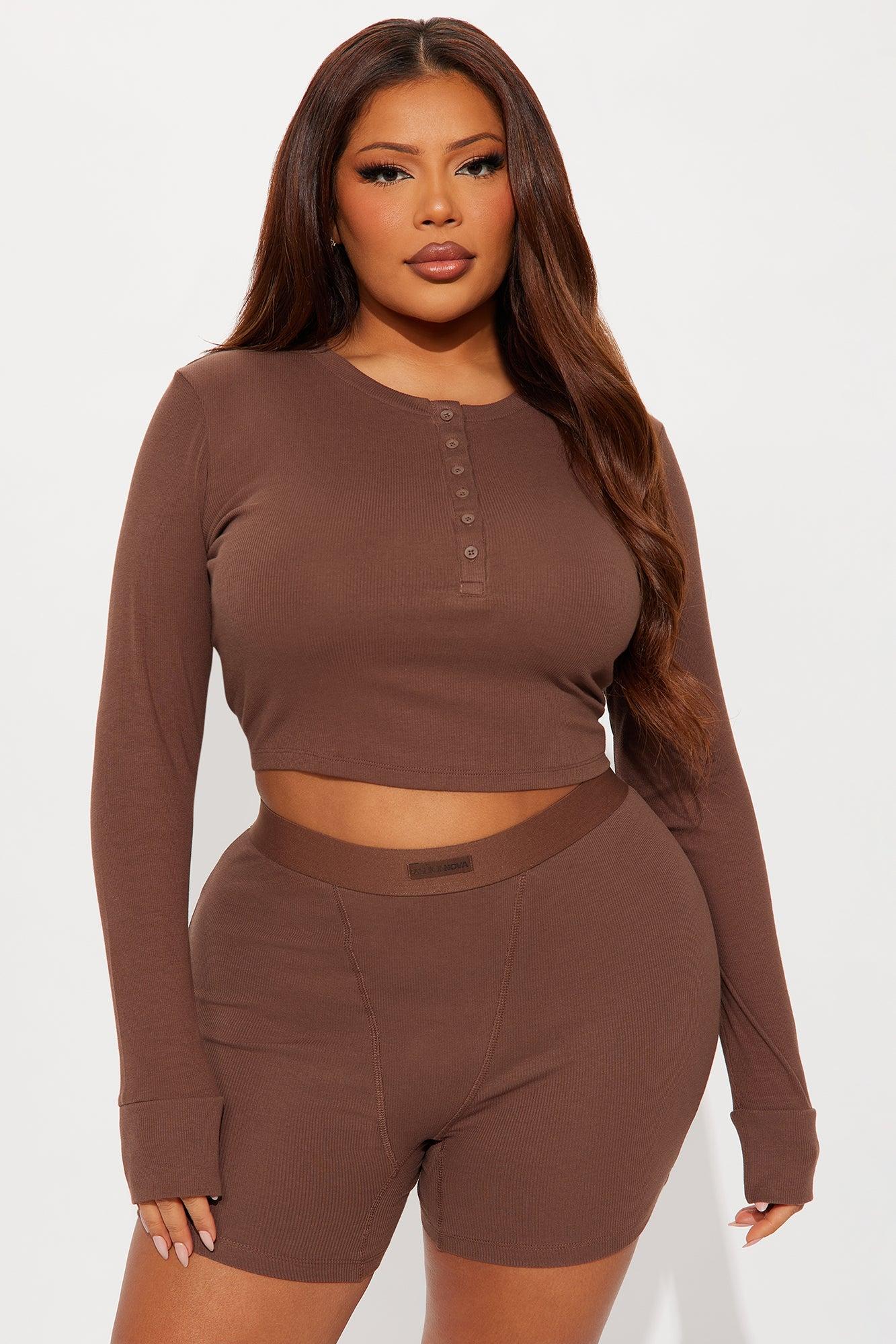 FN Mood Cotton Henley PJ Boxer Short Ribbed Set - Chocolate Female Product Image