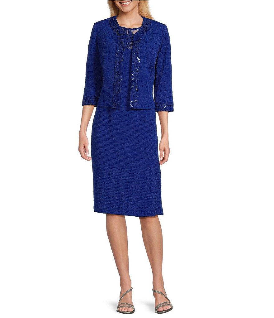 Le Bos Round Neck 3/4 Sleeve Embroidered Mesh Trim Textured 2-Piece Jacket Dress Product Image