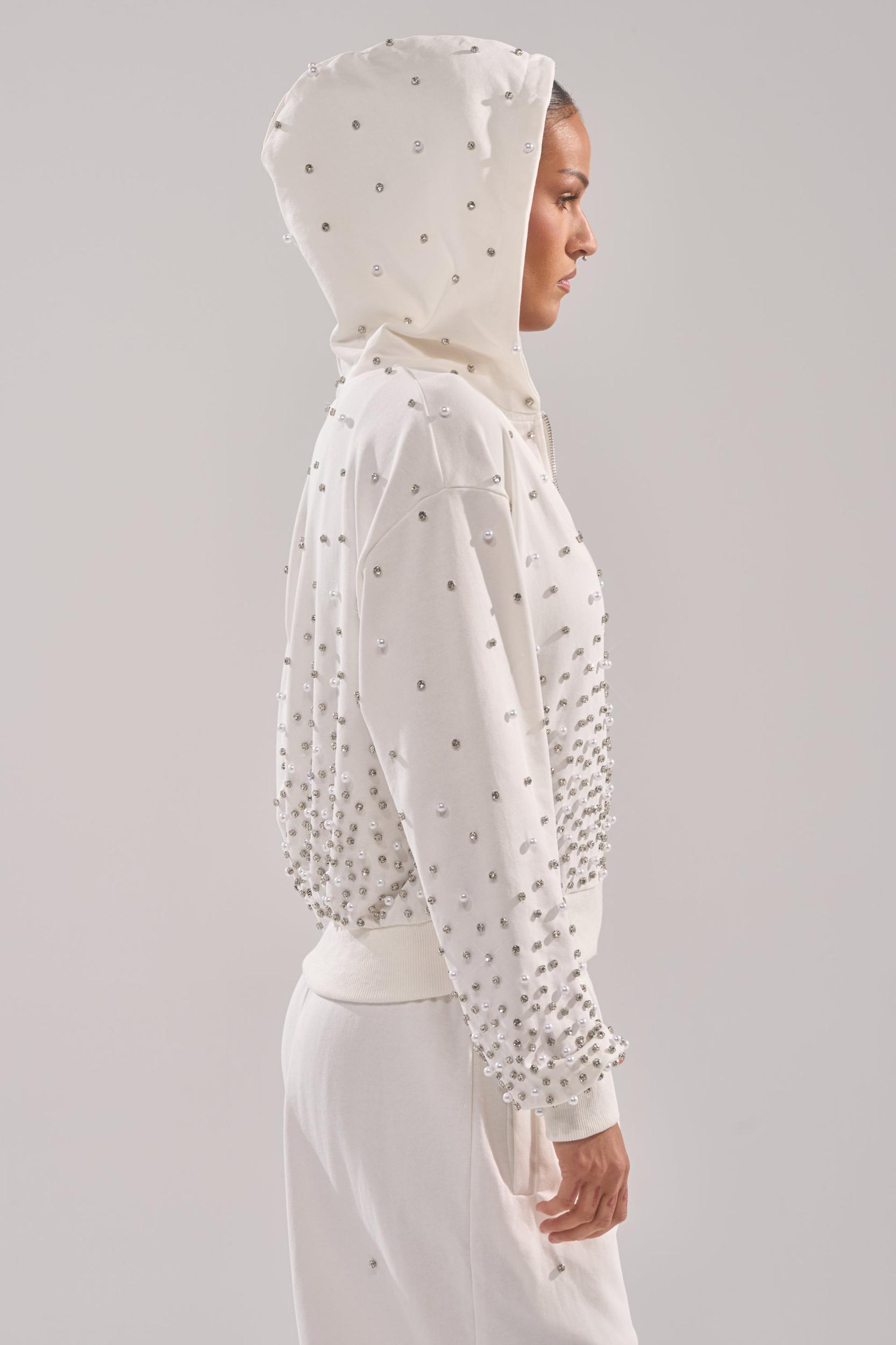 ALL IN WHITE RHINESTONE ZIP UP SWEATSHIRT Product Image
