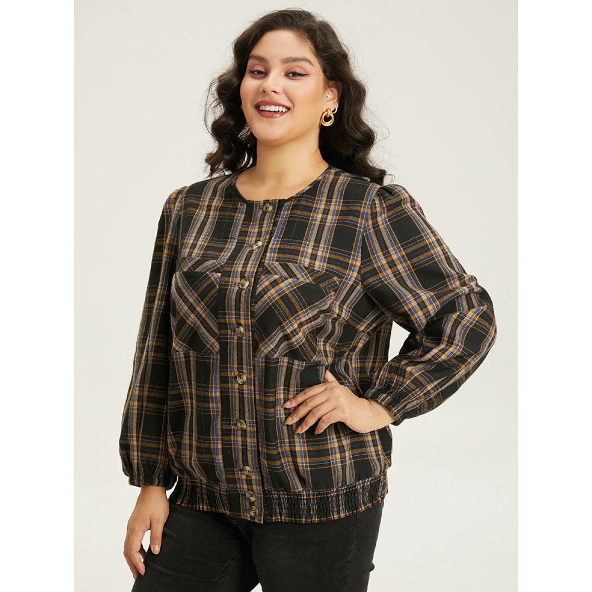 Plus Size Plaid Button Through Elastic Hem Shacket Women Black Elastic cuffs Pocket Dailywear Jackets BloomChic 28/5X Product Image