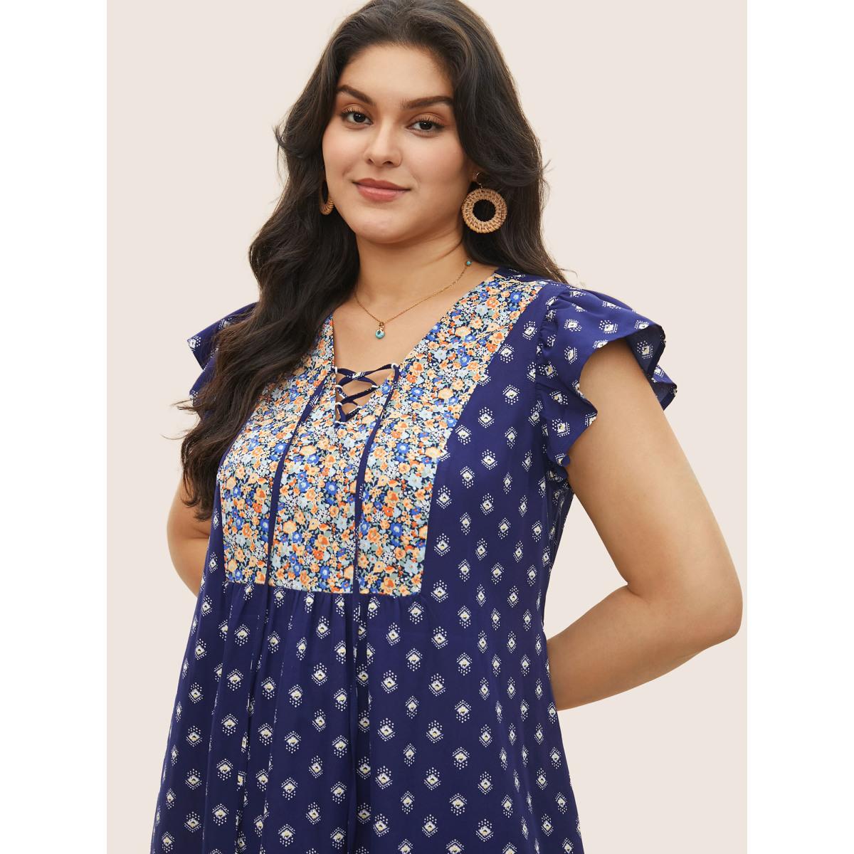 Plus Size Boho Print Ruffle Cap Sleeve Lace Up Dress DarkBlue Women Resort Non V-neck Cap Sleeve Curvy Midi Dress BloomChic 18-20/2X Product Image